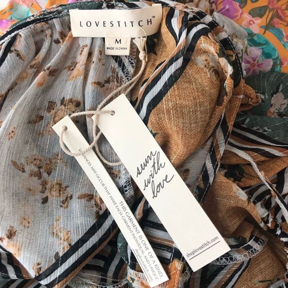 Lovestitch Patchwork Mixed Print Open Shoulder Long Sleeve Top size Medium - Picture 11 of 14